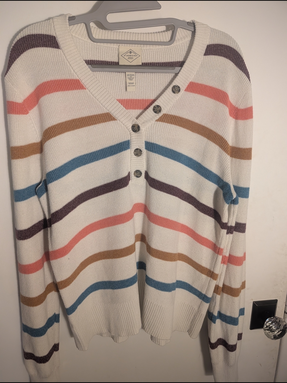 St. John's Bay Cream V-Neck Colorful Striped Button Pullover